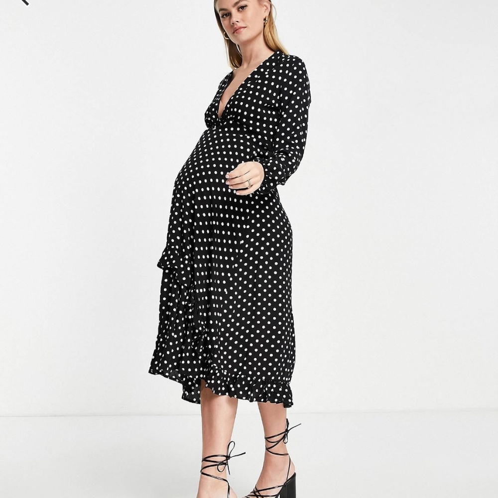 NWT! Queen Bee Maternity wrap midi dress black polka 12 long sleeves